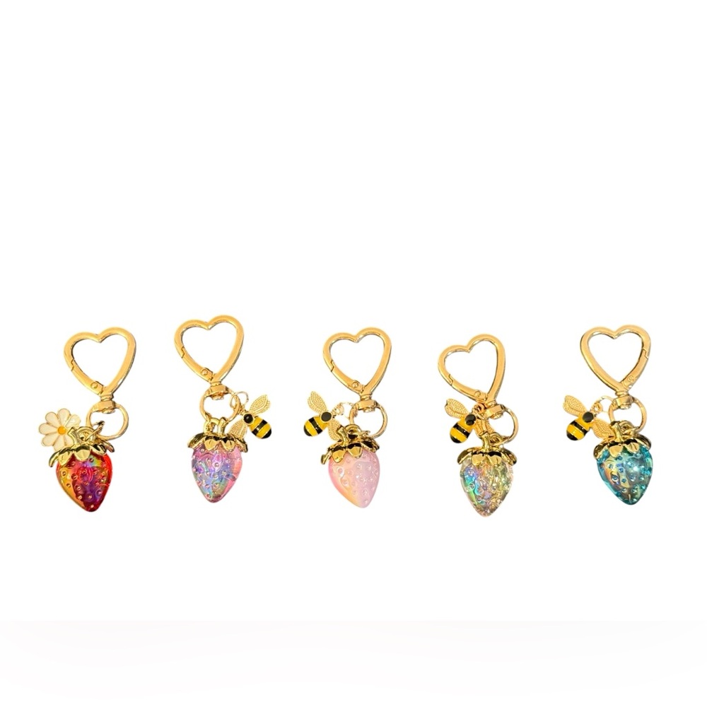 Gold Bee & Iridescent Strawberry Keychain Purse Charm Multiple Colors-Pick ONE